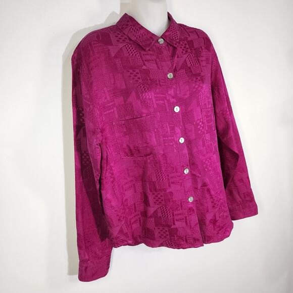 Chicos Design Vintage Women Shirt Silk Linen Blend Size 1 M Button Abstract Pink - Picture 4 of 10